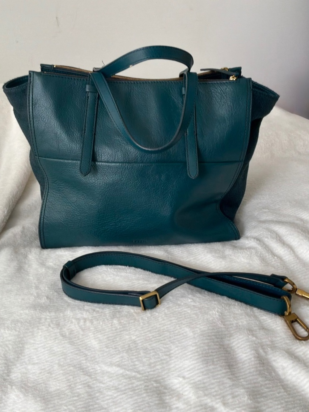 Fossil Forrest Green Teal Leather & Canvas Multi-Compartment Satchel Tote Bag